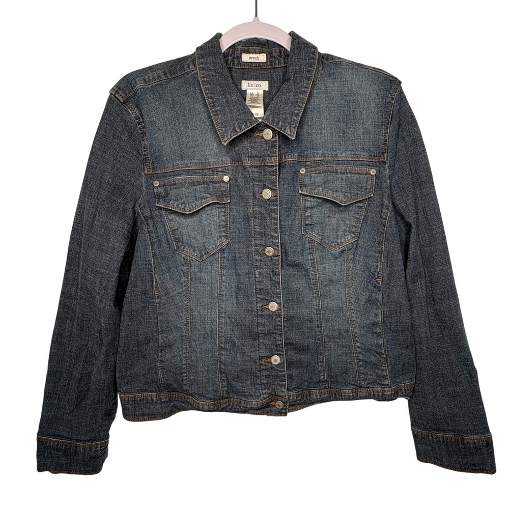 Liz & Co Blue Denim Jacket Stretch‎ Trucker Boho Indie Western Classic Academia